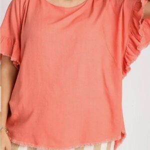 New Women's Umgee Size Small Coral Ruffle Dolman Sleeve Linen/Rayon Blouse